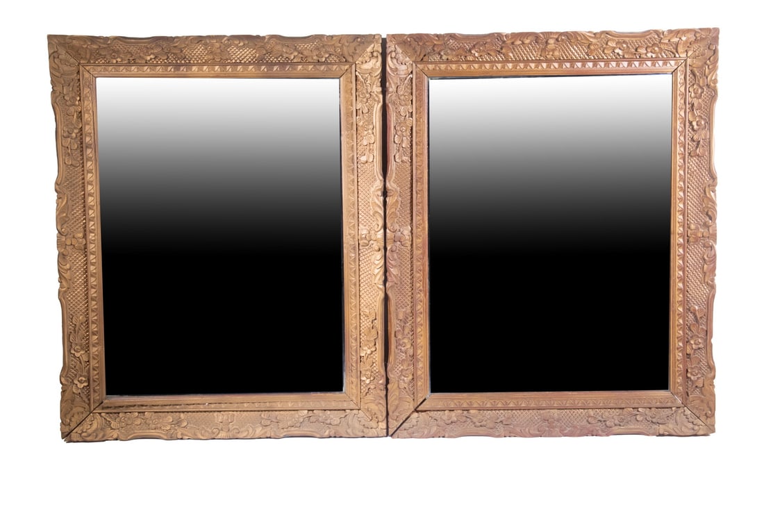 PR CHINA TRADE GOLD FRAMED MIRRORS: 19th c, China Trade Matched Corner Pair of Vintage Mirrors, in fancy gold painted frames with molded floral design, 29" x 23 1/2". 29" x 23 1/2"