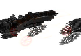 BUDDY L STEEL TOY DUMPTRUCK: Short Bed Dump Truck in black painted pressed steel, crank lever bed, cast spoked wheels in red and silver, steering wheel operates, partially intact decal. 5 1/2 x 11 x 5 1/2 in. (14 x 27.9 x 14 cm.)