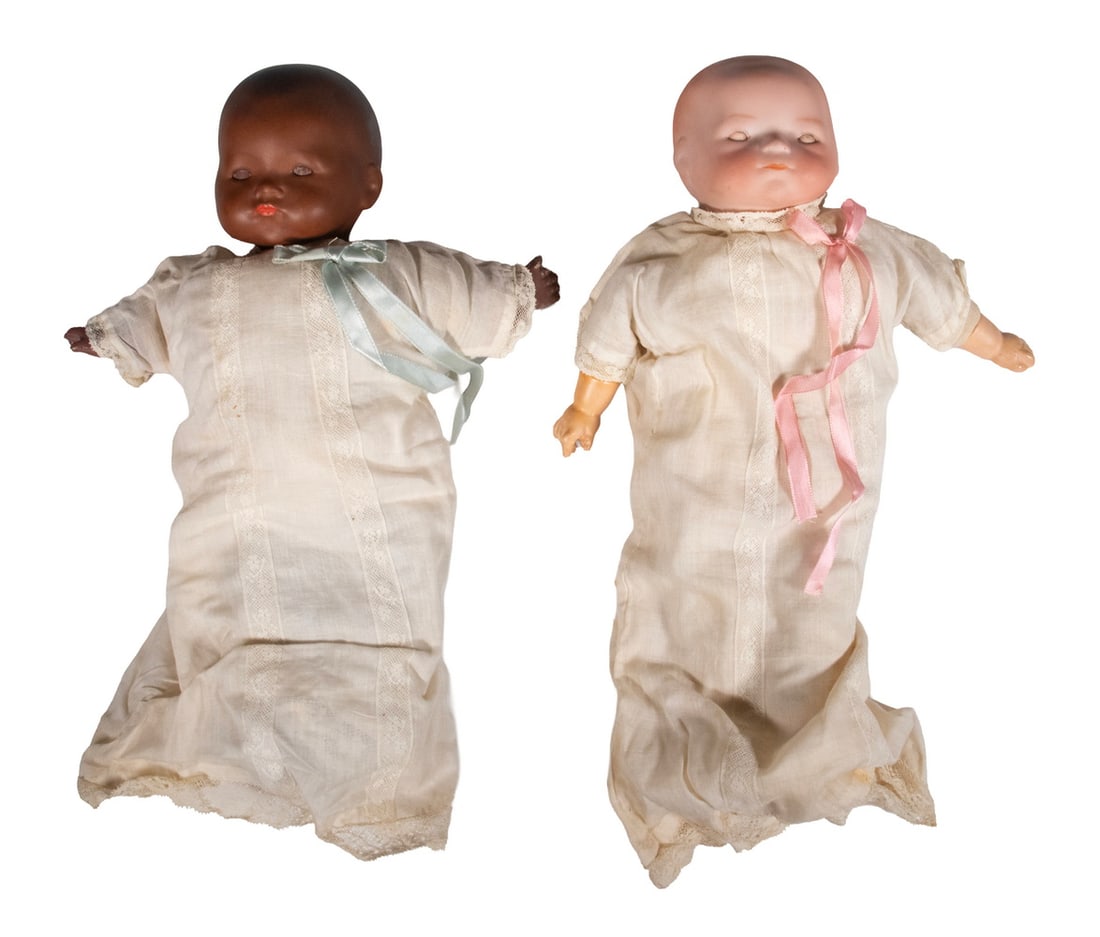(2) ANTIQUE GERMAN BISQUE HEAD DOLLS, ONE BLACK: (2) Late 19th - Early 20th c. Dolls, incl: Black Dream Baby by Armand Marseille, impressed "AM, Germany, 541.12", with glass sleep eyes, closed mouth, painted head and lips, composition hands, cloth b