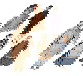 (5) SMALL LATE 19TH C. DOLLS: Including: Bisque head girls with blue glass eyes, matching pink dress and bonnet, cloth body; PLUS 12"; PLUS 7" bisque girl with lace dress and summer hat; PLUS 9" Venetian gondolier boy clot body, p