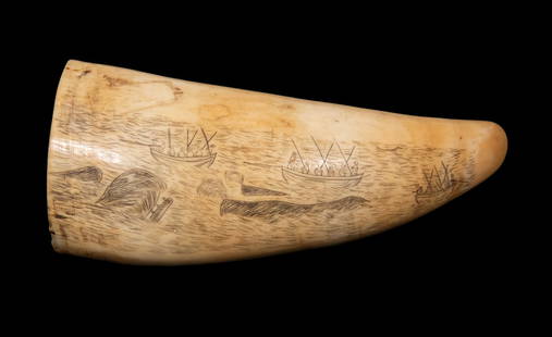19TH C. SCRIMSHAWN WHALES TOOTH HUNTING SCENE: Sailor Worked view of Three Longboats Attacking a Whale Pod. Size: 4 1/2 x 2 x 2 in. (11.4 x 5.1 x 5.1 cm.)
