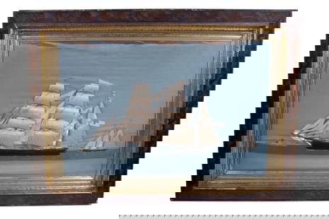 THOMAS WILLES (NY/DENMARK, 1850-1925): Sailing Ship "Charles Loring, Portland (Maine), S.C. Loring, Commander", silk needle work on blue silk, captioned at bottom, unsigned but in a method unique to this artist, in the original paint