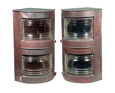 PR METEORITE DOUBLE MARINE NAVIGATION LANTERNS: Pair of Vintage English Copper & Brass Ship Lights, port and starboard, with Fresnel lenses, one red and the other green, converted from liquid fuel to electric, each with affixed metal label: