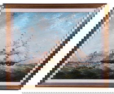 19TH C. BRITISH SHIP PORTRAIT: British Sailing Ship Passing Gibraltar, Italian Brazzera Cargo Vessel in foreground; oil on canvas, illegibly signed upper right corner (Rennell?), in modern gold molded frame with linen liner,