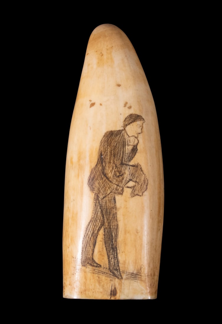 1860'S SCRIMSHAWN WHALES TOOTH WITH ROMANTIC SUBJECTS: One side depicting a "Gentleman Caller", the other depicting the Wedding Day. Height: 7 1/4 in. (18.4 cm.)