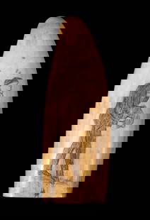 1860'S SCRIMSHAWN WHALES TOOTH WITH ROMANTIC SUBJECTS: One side depicting a "Gentleman Caller", the other depicting the Wedding Day. Height: 7 1/4 in. (18.4 cm.)