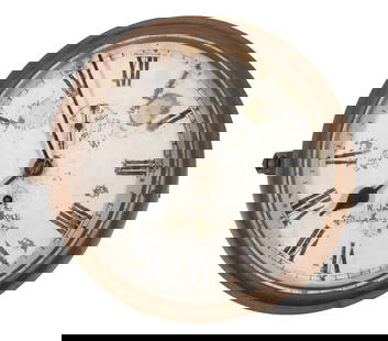 BRASS CASED FUSEE SHIP'S CLOCK MARKED W.J. CARROLL: Late 19th - Early 20th c. English Wall Clock, with brass case and hinged bezel, the enameled metal face marked "W.J. Carroll, 20, London St., City" (a retailer and watch & chronometer makers to the