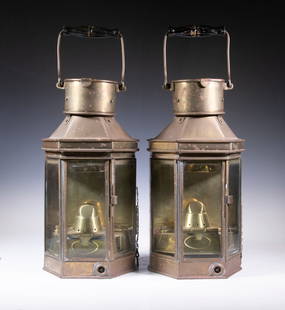 PAIR BRITISH MARITIME #6 BRASS SHIP'S BULKHEAD LANTERNS: Heavy Duty Solid Brass three faced bracket mount oil lanterns by Sherwood of Birmingham (stamped on underside of burner), with clear glass lenses, black painted wooden handle. Takes 2" female hanger