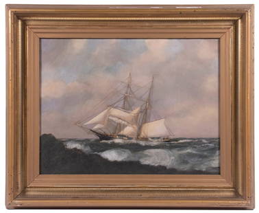 19TH C. AMERICAN SHIP PORTRAIT: American Mercantile Brig, set at half sail, working to stay off the rocky shore defined by rolling whitecaps, oil on canvas, unsigned, ca. 1880, in etched gilt deep cove frame. Fine craquelure. OS: