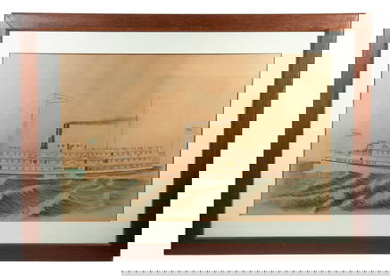 RARE OFFICE-SIZED CITY OF BANGOR STEAMSHIP LITHO, FRAMED: Boston & Bangor Steamship Co. original issue in hand-colored litho, provided to agents, in original cherry-stained oak panel frame, matted under rippled glass, toned.Per Maine Memory Network: "The