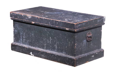 19TH C. SHIPWRIGHT'S TOOL BOX: Heavy Six Plank Construction with double thickness top, in dark green paint, with strong iron folding lifts, two sliding trays and handsaw clamps, worn. Size: 16 x 38 x 19 in. (40.6 x 96.5 x 48.3