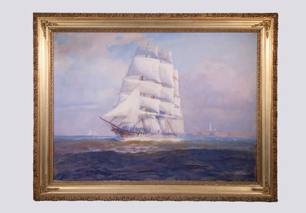 T. BAILEY (MA, 19TH/20TH C.): Portrait of a Sailing Ship Heading Out to Sea, oil on canvas, signed lower right, depicting a schooner under full sail passing a lighthouse, in a fancy gilded wooden frame.NOTE: "T. Bailey" was