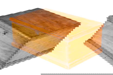 SAILOR'S DITTY BOX: 19th c. Hand Crafted Pine Keepsake Box, with hand-painted image of an American three-mast ship to the lid interior, with applied molded edge lid, exposed dovetailed corners. 5 x 12 1/2 x 7 1/2 in.