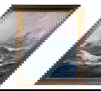 ANTON OTTO FISCHER (NY/GERMANY, 1882-1962): Limping In, depicting a freighter being swamped in violent surf, oil on canvas, signed lower right, titled verso, in gold cove frame, dimpled. OS: 35 x 29 in. (88.9 x 73.7 cm.) SS: 29 x 23 in.