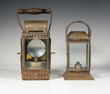(2) BRASS HAND-HELD LANTERNS: Including: Mid-20th c. German railroad lantern by A. Sartorius, Wuppertal, 1956, with clear glass front and red and green side panels, original burner, wooden handle; and Dome top lantern with hinged