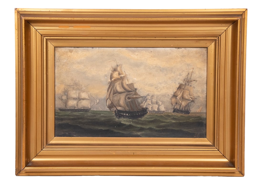 19TH C. SMALL MARINE PAINTING OF SHIPS: A Crowded Sea, depicting four merchant sailing ships in tight proximity, to the extent that their sails are luffing on the bend, oil on academy board, initialed "JP" lower right and dated 1881, in mod