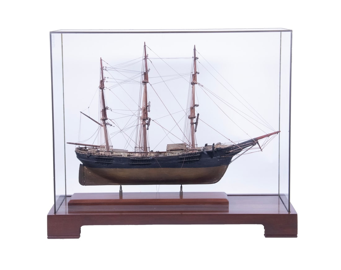 LATE 19TH C. AMERICAN CASED SAILING SHIP MODEL: Stern marked "Severn, New York", three-masted packet boat, with black and red hull, fully rigged, no sails, circa 1880, in later glass and mahogany case. 19 1/2 x 23 1/2 x 9 in. (49.5 x 59.7 x 22.9 cm