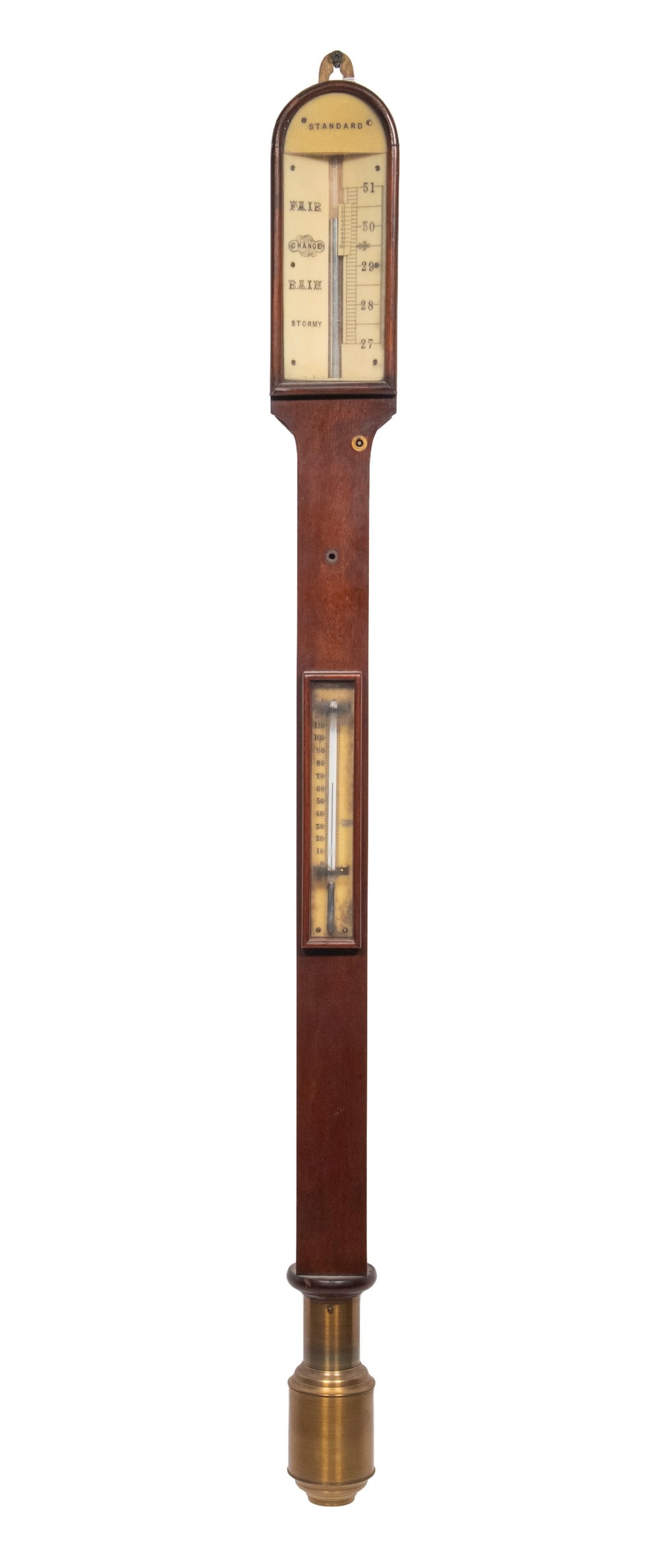 19TH C. BRITISH STICK BAROMETER: Standard brand, circa 1890, barometer & thermometer combination with engraved ivory gauges, mercury intact, brass well at bottom. OS: 37 x 3 x 1 3/4 in. (94 x 7.6 x 4.4 cm.)