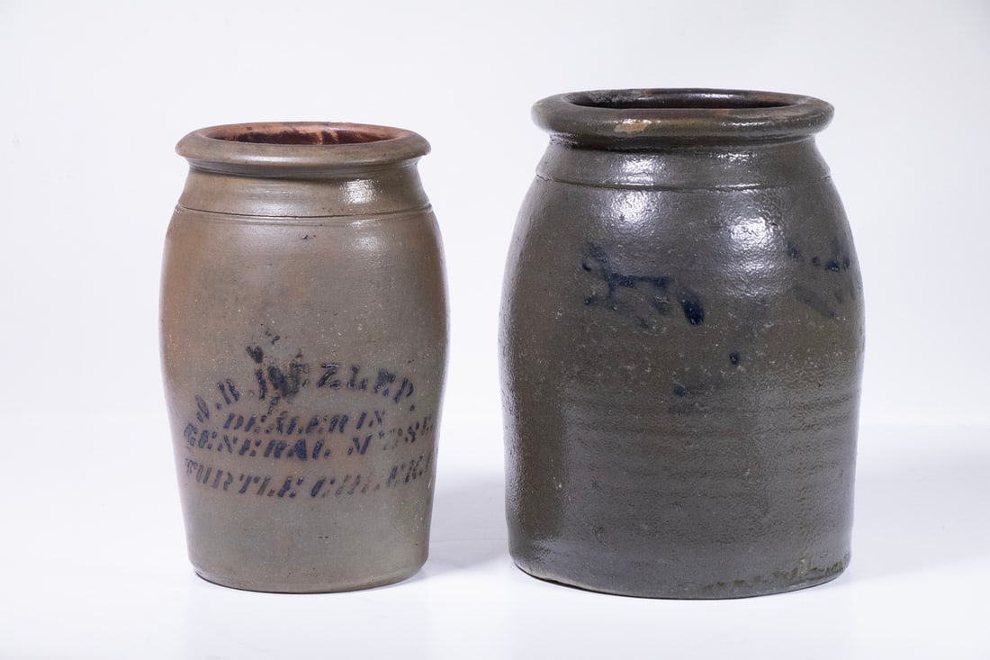 (2) PENNSYLVANIA STONEWARE CANNING JARS: (2) 19th c. Salt Glazed Pottery Vessels, with cobalt decoration, incl: Half-gallon merchant jar stenciled "J.B. Hezlep, dealer in general m'dse, Turtle Creek, PA", with tooled shoulder and rounded rim