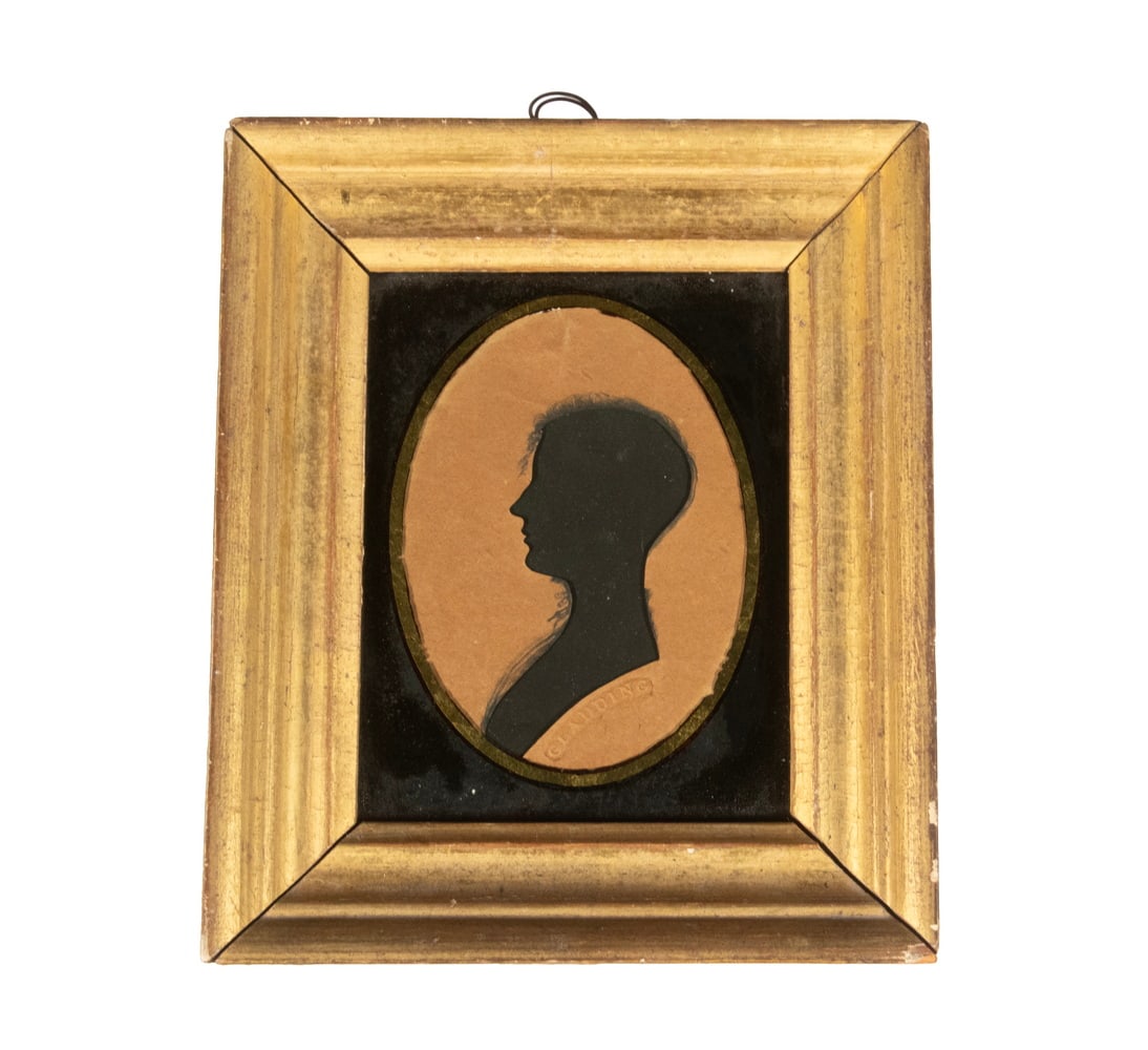 EARLY 19TH C.SILHOUETTE PORTRAIT OF A WOMAN BY TIMOTHY GLADDING (1775-1846): Oval in Rectangle Hollow Cut Portrait of a Woman looking left, with ink edging, blind stamped by Gladding of Albany, NY, subject unidentified, circa 1810, in lemon gold moded frame, under black and go