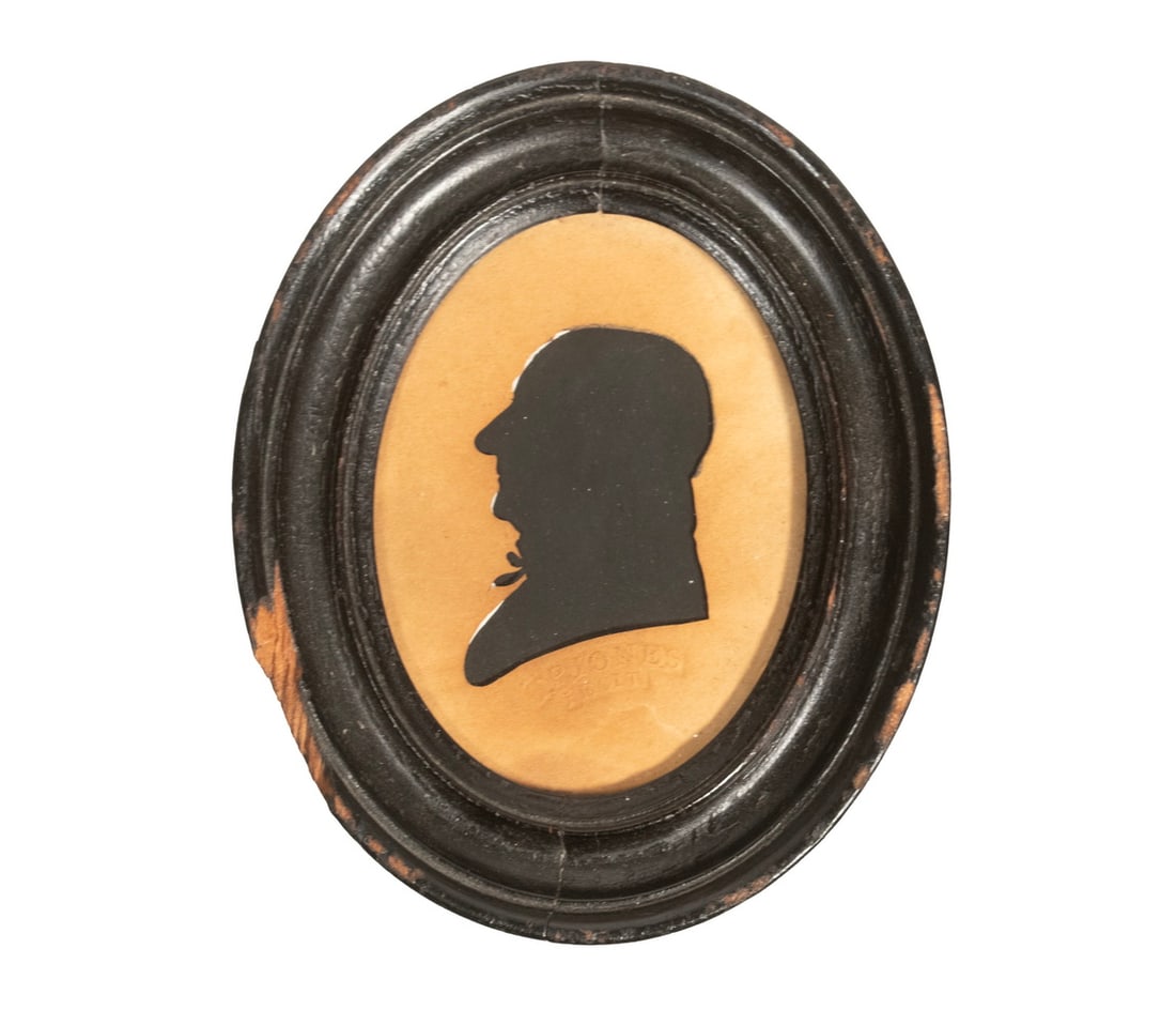 19TH C.SILHOUETTE PORTRAIT OF DR SCHUYLER (1755-1824) BY T.P. JONES (ACT 1808-1818): Oval Hollow Cut Portrait of a Middle Aged Man facing left, blind stamped "T.P. JONES FECIT" (Latin for "T. P. Jones Made It.") and inscribed in ink in the period on backing board "Uncle Dr. Nicholas S