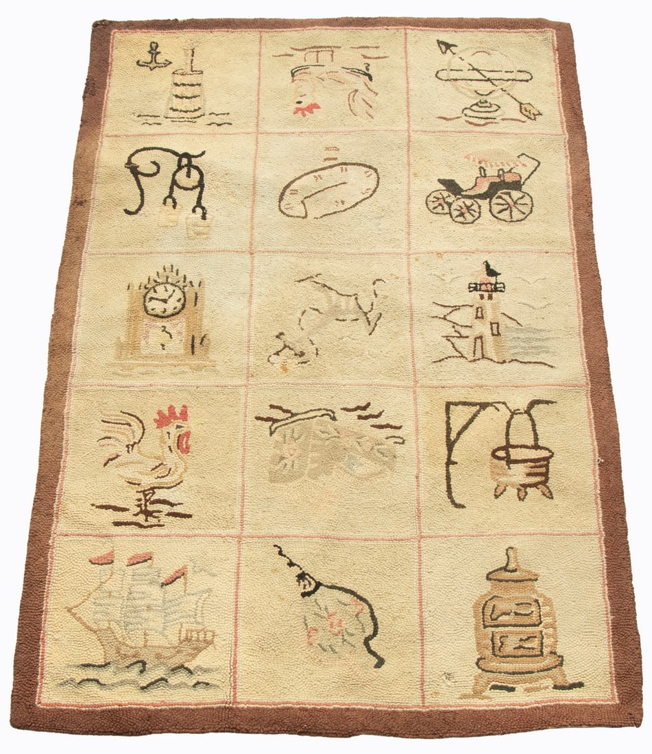 MEDIUM MAINE HOOKED RUG OF GENRE ITEMS, 48" x 68": Farm and Coast genre icons, presented in (15) 12" squares, in tans and black with touches of color, brown border. 48 x 68 in. (121.9 x 172.7 cm.)
