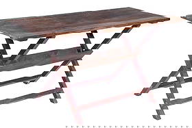 PINE SAWBUCK TABLE: 19th c. Primitive Farm Table, with single board top, X-form base, 28 1/2" high, 55" x 25". Top shrinkage cracks. OS: 28 1/2 x 55 x 25 in. (72.4 x 139.7 x 63.5 cm.)