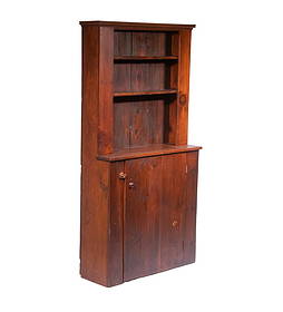 COUNTRY PINE STEP BACK CUPBOARD: 19th c. Primitive One-Piece Hutch, with molded edge cornice, open front with two shelves, lower single door cabinet with wooden pull, single shelf interior. 72 x 36 x 13 1/2 in. (182.9 x 91.4 x 34.3 c