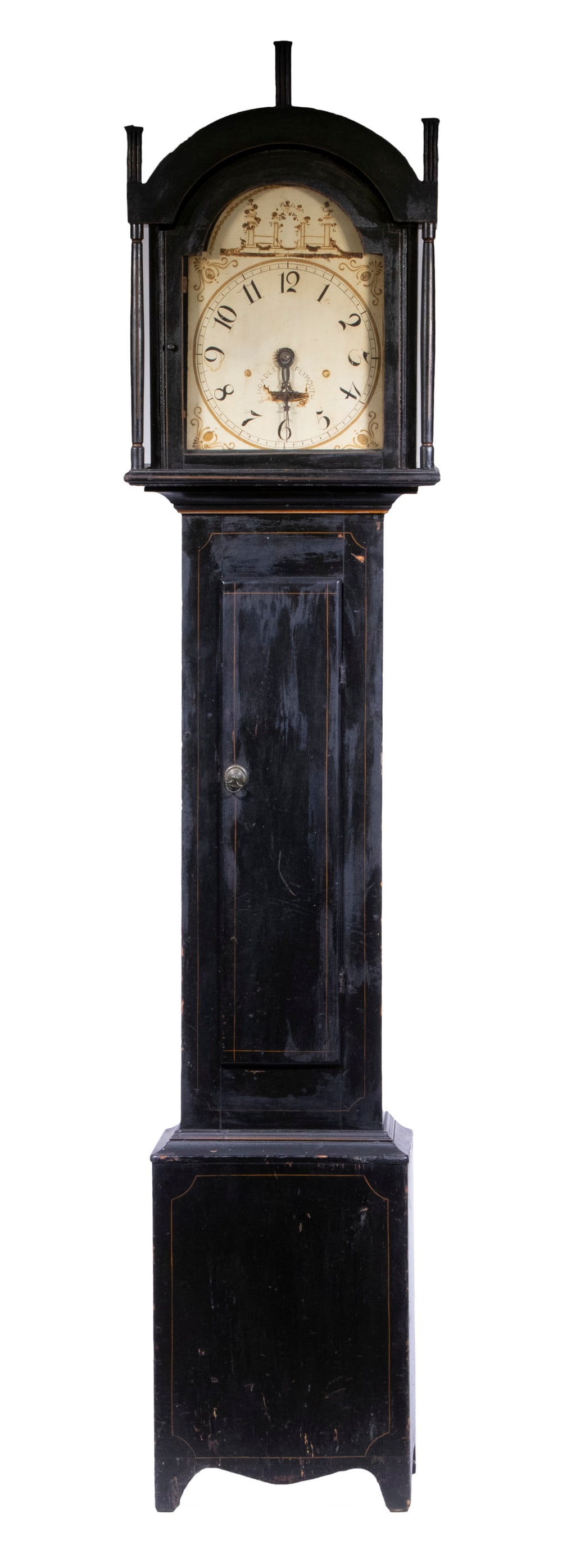 TALL CLOCK BY S. HOADLEY OF PLYMOUTH: Silas Hoadley (Plymouth, Connecticut, 1786-1870), Painted Pine Tall Case Clock with wooden movement, bell chime, original weights, pendulum, painted wood tombstone dial, signed, , arch top bonnet havi