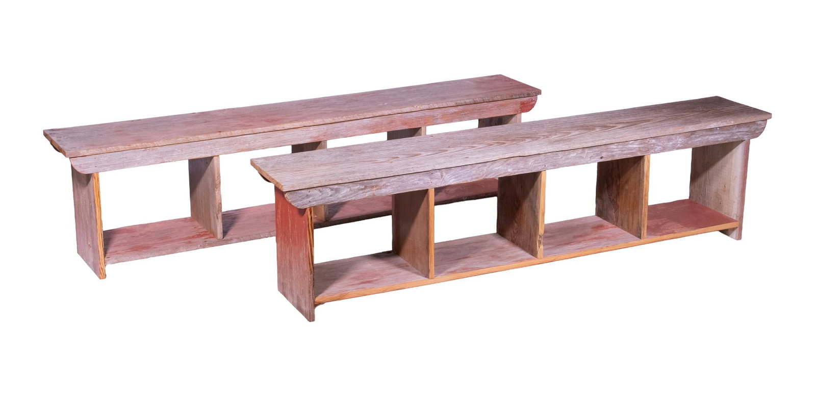 PAIR OF HOME-MADE WEATHERED ELM OUTDOOR BENCHES: Plank Construction from weathered stock having raised grain and remnants of red paint, four compartments underneath, possibly for a baseball field or school. Size: ea. 18 x 72 x 12 in. (45.7 x 182.9 x