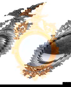 FEDERAL PERIOD STYLE BULLSEYE MIRROR: Carved Giltwood Round Domed Mirror, surmounted by spread wing eagle, flanked by scroll and blossom, with matching bracket cross ribbed frame, black liner. 43 x 27 in. (109.2 x 68.6 cm.)