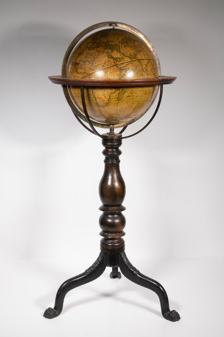 1836 DONALDSON 12" GLOBE ON FLOOR STAND: Lithograph Globe on Stand, marked "Donaldson's Terrestrial Globe, 1830, additions to 1836, Engraved by W&AK Johnston, Published by Donaldson & Sons, 5 Niddry St, Edin". Raised on turned walnut stanchi