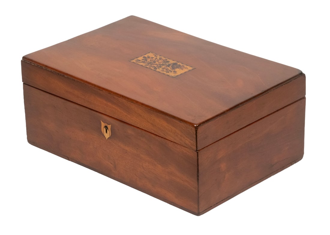ENGLISH INLAID MAHOGANY STATIONARY BOX: Vintage Writing or Trinket Box, with inlaid micro-mosaic floral lid cartouche, the lid interior fitted with tufted satin and mirror, having a lift-out compartmented removable top tray and open storage