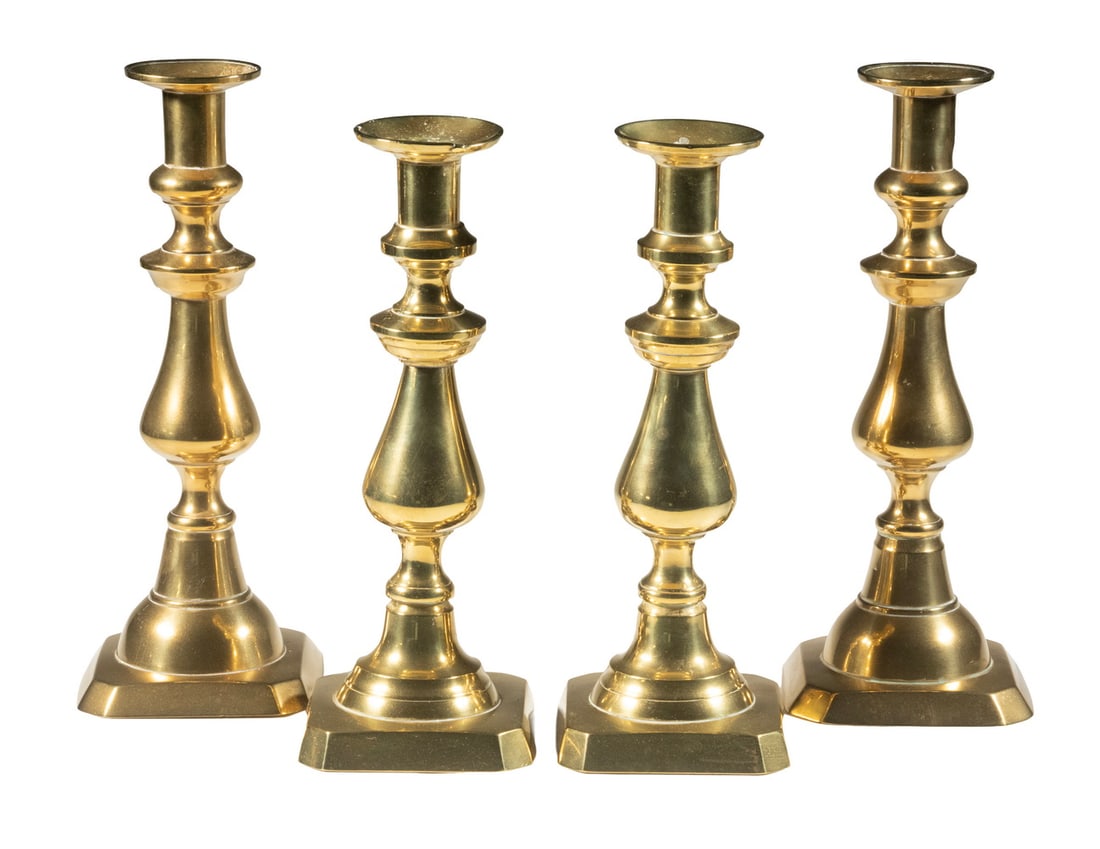 SET OF (4) BRASS PUSH-UP CANDLESTICKS: Two pairs of English 19th-century. Bulbous Form Candle Holders, with square cut-corner bases. Each: 9 1/2 x 3 3/4 x 3 3/4 in. (24.1 x 9.5 x 9.5 cm.)
