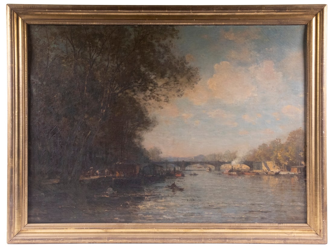 PIERRE EUGENE GRANDSIRE (FRANCE, 1825-1905): The Seine at Courbevoie Bridge, Paris, viewed from the Isle de la Grande Jatte (site of the famous Seurat masterpiece), oil on canvas, signed lower right, ca 1890, in earlier lemon gold molded frame, 