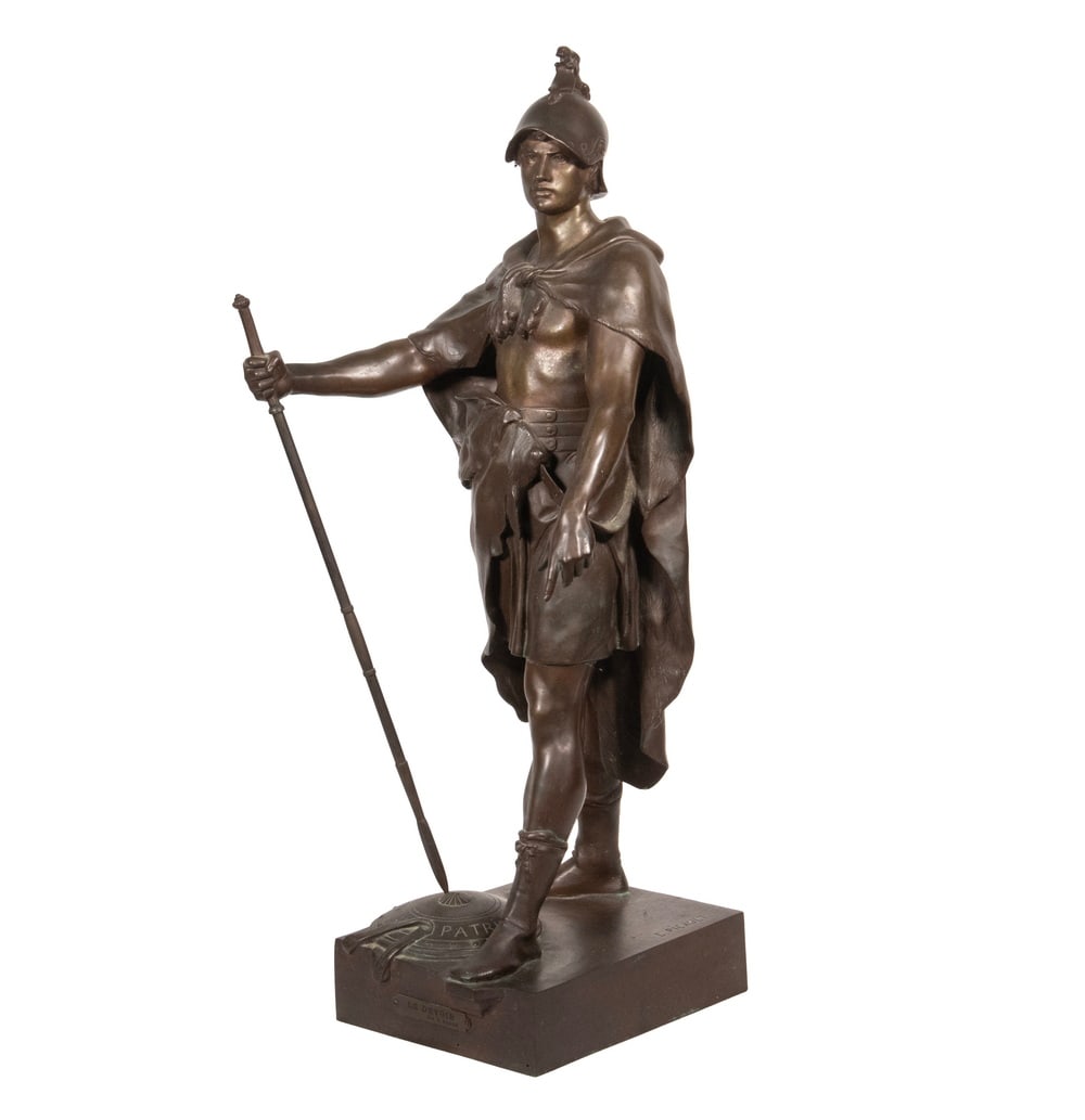 AFTER EMILE PICAULT (FRANCE, 1833-1915): Honor Patria, patinated bronze sculpture, signed "E. Picault" to top of base, an early copy of Picault's work depicting a standing soldier, the tip of his sword resting on a shield engraved with the m