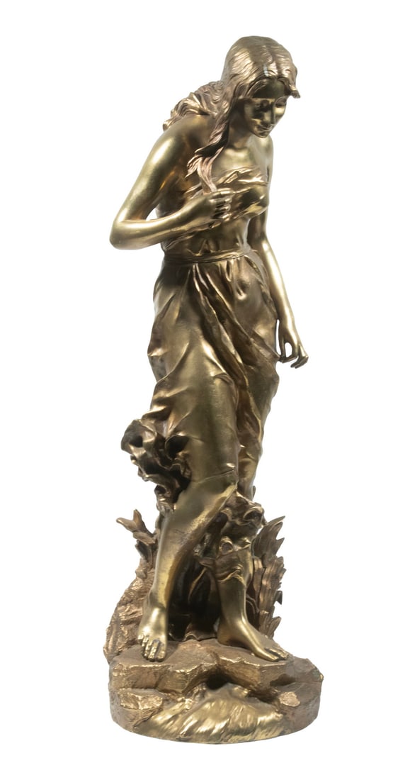 JULIEN CAUSSE (FRANCE, 1869-1914): Art Nouveau Figure of a Lovely Girl in loose robe, standing over a flowing spring, her hand to her long hair, polished brass, signed 'J. Causse on the base.From the private collection of Sally Jessy R