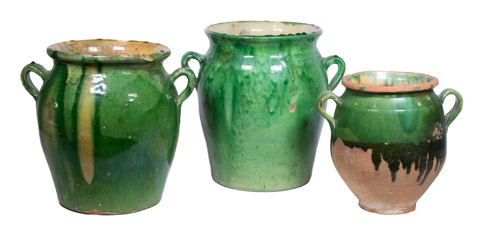 (3) FRENCH PROVINCIAL POTTERY FOOD STORAGE JARS: (3) Vintage Green Glazed Terracotta Confit Pots, early to mid-20th c., with side handles. Glaze frits, smallest with drilled base. Largest: 11 in. (27.9 cm.)