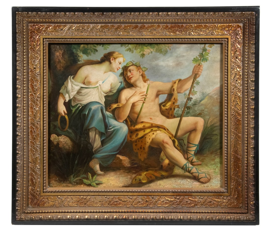 AFTER CHARLES JOSEPH NATOIRE (FRANCE/ITALY, 1700-1777): Bacchus and Ariadne, oil on canvas, unsigned, modern copy of the work by Charles-Joseph Natoire, in a fancy gilded and ebonized frame.From the private collection of Sally Jessy Raphael OS: 28 1/2 x 32