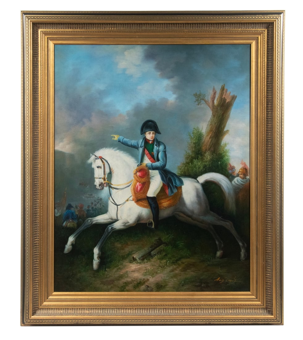 NAPOLEON PORTRAIT AFTER CARLE VERNET (FRANCE, 1758-1836): Equestrian Portrait of Emperor Napoleon I, oil on canvas, signed lower right "Ray Tagulo", after the ca. 1807 painting by Carle Vernet depicting Napoleon Bonaparte at battle, in a gilded and black lac