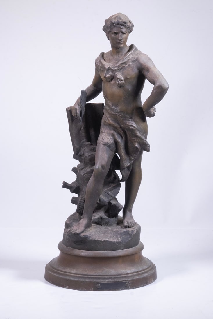 AFTER HENRI LEVASSEUR (FRANCE, 1853-1934): Genie Du Travail, patinated spelter sculpture, signed near left foot, set atop a metal plinth, with title and artist name plaque affixed to plinth front. 18 x 8 x 8 in. (45.7 x 20.3 x 20.3 cm.)