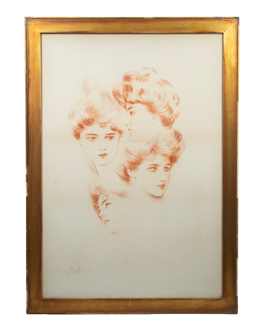 PAUL CESAR HELLEU (NY/FRANCE/UK, 1859-1927): Four Views of the Same Woman's Head, a study for a portrait, sanguine lithograph on paper, pencil signed, un-numbered, in shallow water gilt cove frame, under the original glass., frame edge loss. OS: