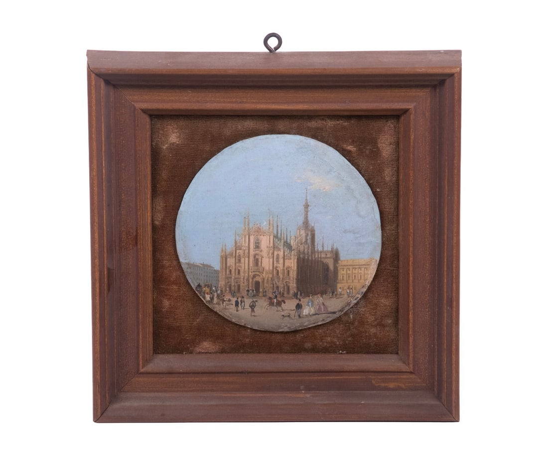 MINIATURE PAINTING OF DUOMO CATHEDRAL MILANO: Small Round View of the Facade of the Duomo, from the square, oil on board, 19th c., mounted on gold velvet in 29th c. walnut square frame. No glass, drips on frame. OS: 6 1/2 x 6 1/2 in. (16.5 x 16.5