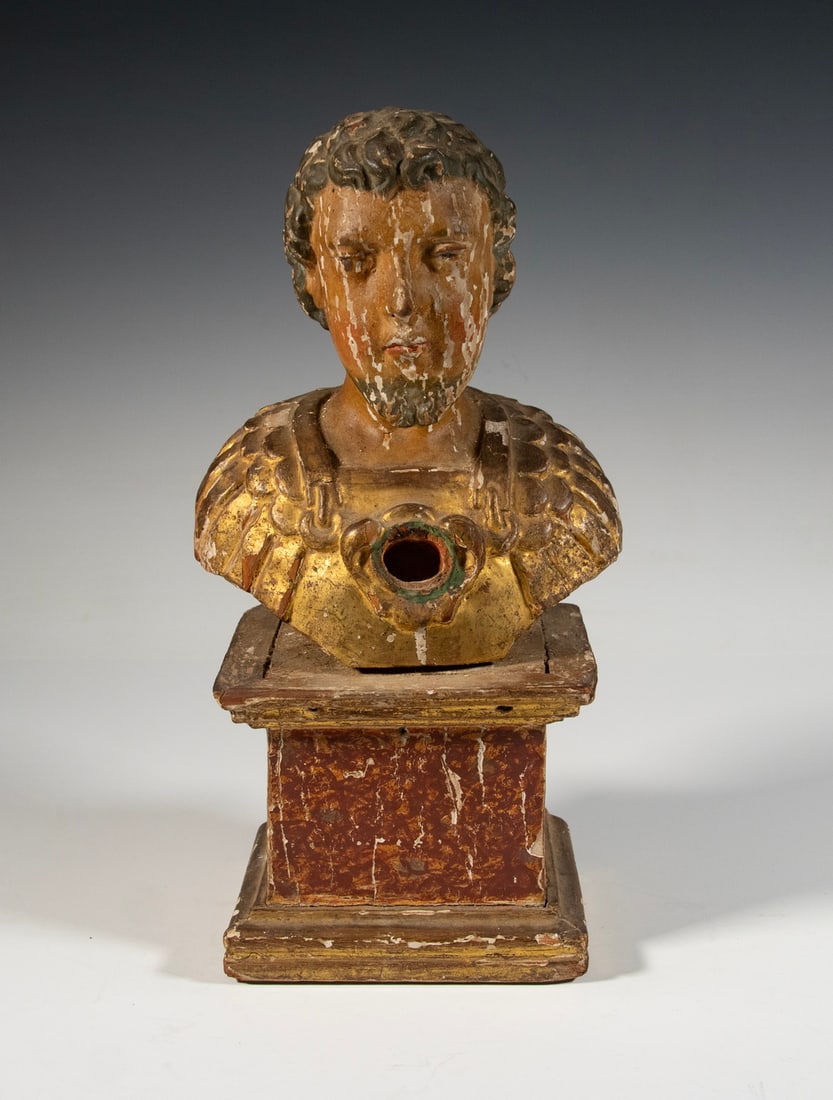 EARLY WOODEN RELIQUARY BUST: 17th or 18th c. Italian Carved and Gilded Bust of a Saint, possibly Saint Longinus, a Roman soldier present at the Crucifixion who was considered one of the first Romans to convert to Christianity, se