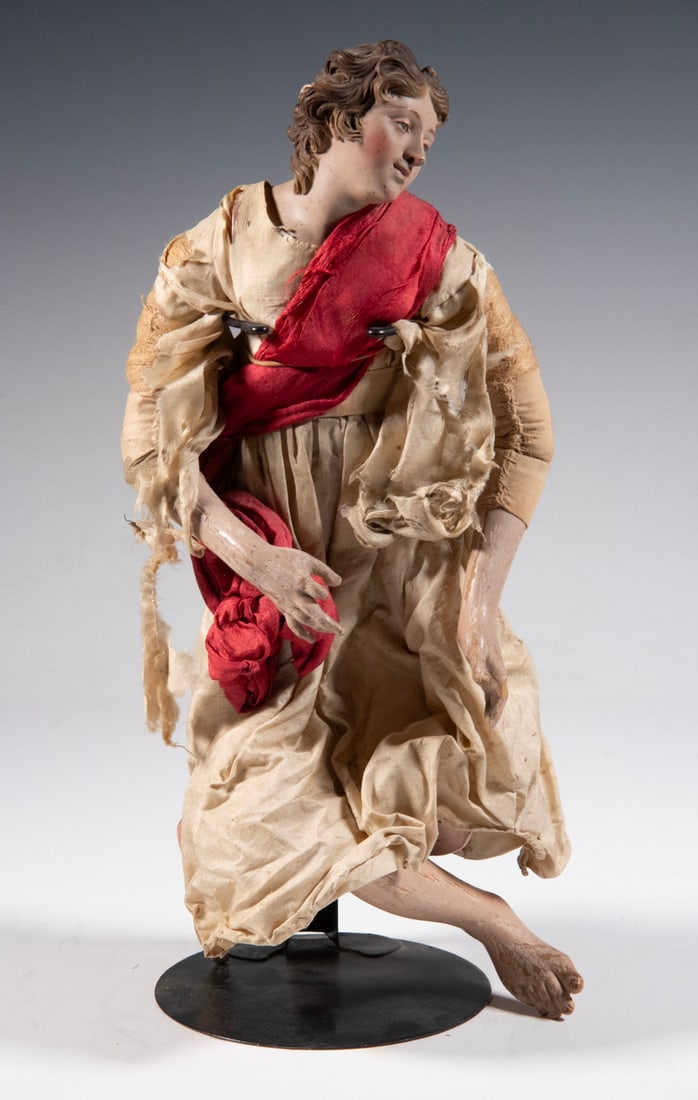 EARLY ITALIAN CARVED & PAINTED CRECHE FIGURE: Late 18th c. Neapolitan Polychrome Painted Wooden Female Figure, the hair and face delicately rendered with inset glass eyes, dressed in silk, with metal display stand. Finger losses; limb overpaintin