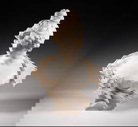 EUGENIO BATTIGLIA (FLORENCE, ITALY): Iris, white marble bust, Art Nouveau period, with hair in bun, low decolletage, blossom at her breast, having slightly turned head and downcast eyes, titled on front of integral plinth, signed and mar