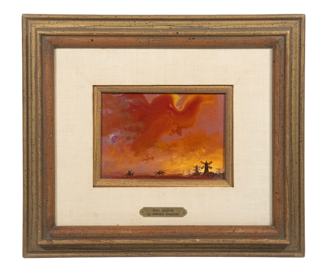 ARRIGO GHEDINI (ITALY, 1905-1997): Don Quijote, enamel on masonite, in dull gold molded frame with linen line, brass artist/title tag. OS: 12 1/2 x 14 1/2 in. (31.8 x 36.8 cm.) SS: 4 1/2 x 6 1/2 in. (11.4 x 16.5 cm.)