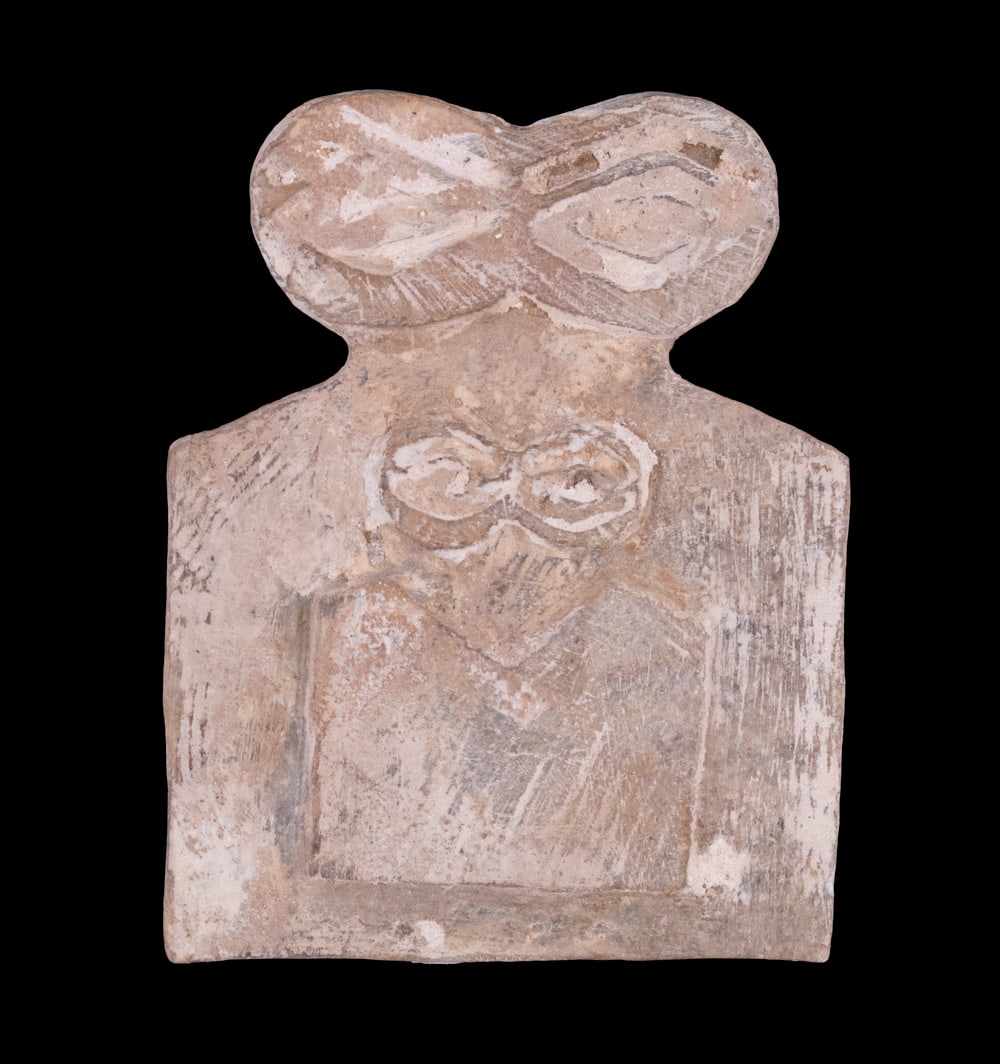 RARE ANCIENT NEAR EAST MINIATURE MARBLE IDOL, MID-THIRD MILLENIUM, BC., NOW SYRIA: Early Bronze Age unusual subject Alabaster Eye Idol, representing two closely related figures, having claracteristic large eyes.Includes handwritten COA that reads: "Eye idol of alabaster, 69 x 54 x 4