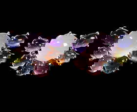 PR 14K GOLD HANDMADE GEMSTONE CLIP EARRINGS, WILLIS ROCK, MAINE: A pair of 14k yellow gold clip earrings, each centering a cabochon rose quartz, framed by an array of multicolored cabochon gemstones, including tourmaline, amethyst, peridot, and aquamarine; marked "