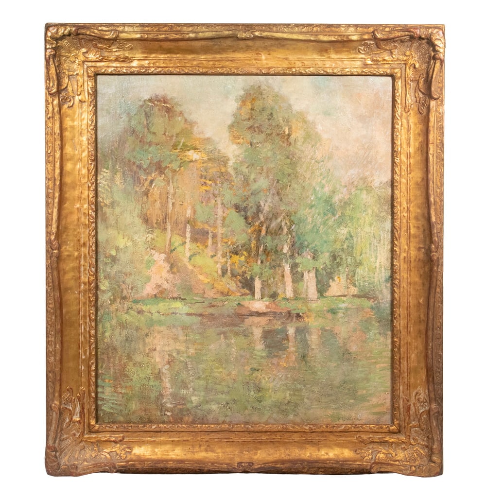 EMIL (SOREN EMIL) CARLSEN (NY/CA/DENMARK, 1848 OR 53-1932): Summer Pond, oil on canvas, signed lower right, in vintage gilt matched corner frame. OS: 34 1/2 x 30 1/2 in. (87.6 x 77.5 cm.) Frame: 26 1/2 x 22 1/2 in. (67.3 x 57.2 cm.)